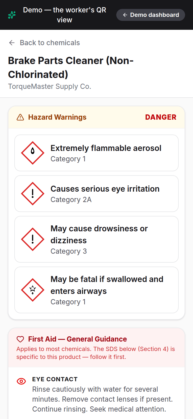 SafeSheet worker QR view on a phone — hazard warnings and first-aid guidance, no app or login
